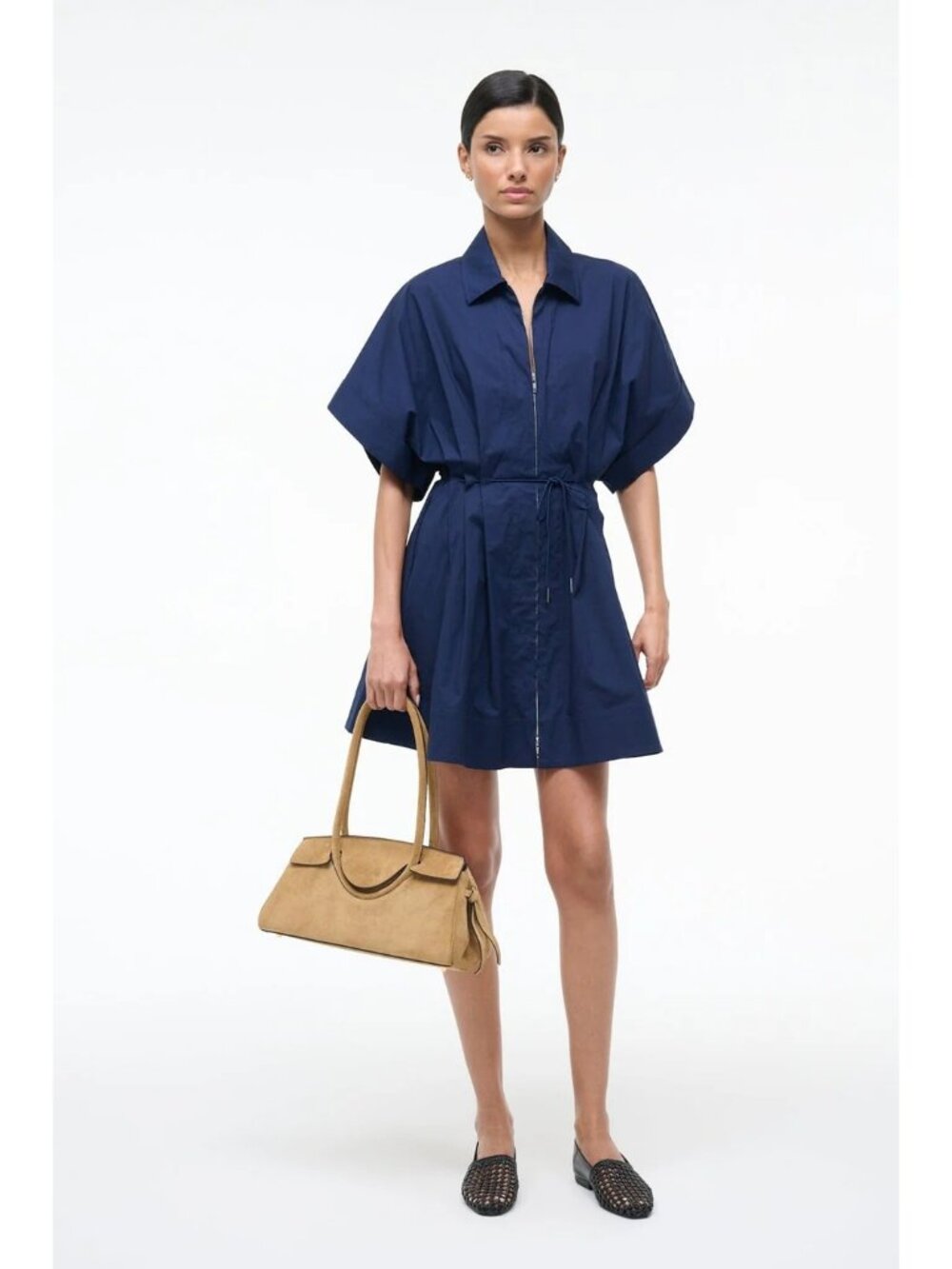 Staud Cori Mini Dress in Navy Blue Large Womens Shirtdress Collar